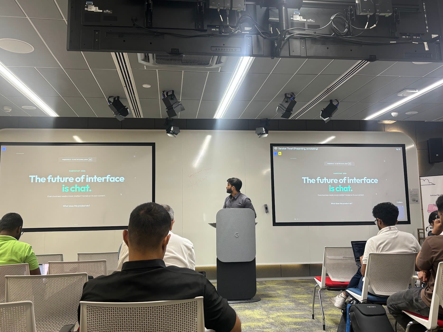Sanskar Tiwari, founder of Browsing Bee, presenting "The future of interface is chat" to an audience